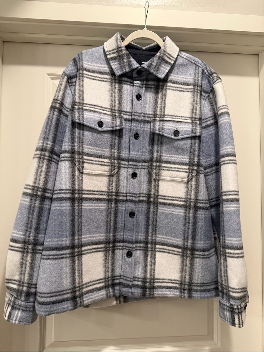 Express Men's Light Blue, White & Gray Plaid Shirt Jacket